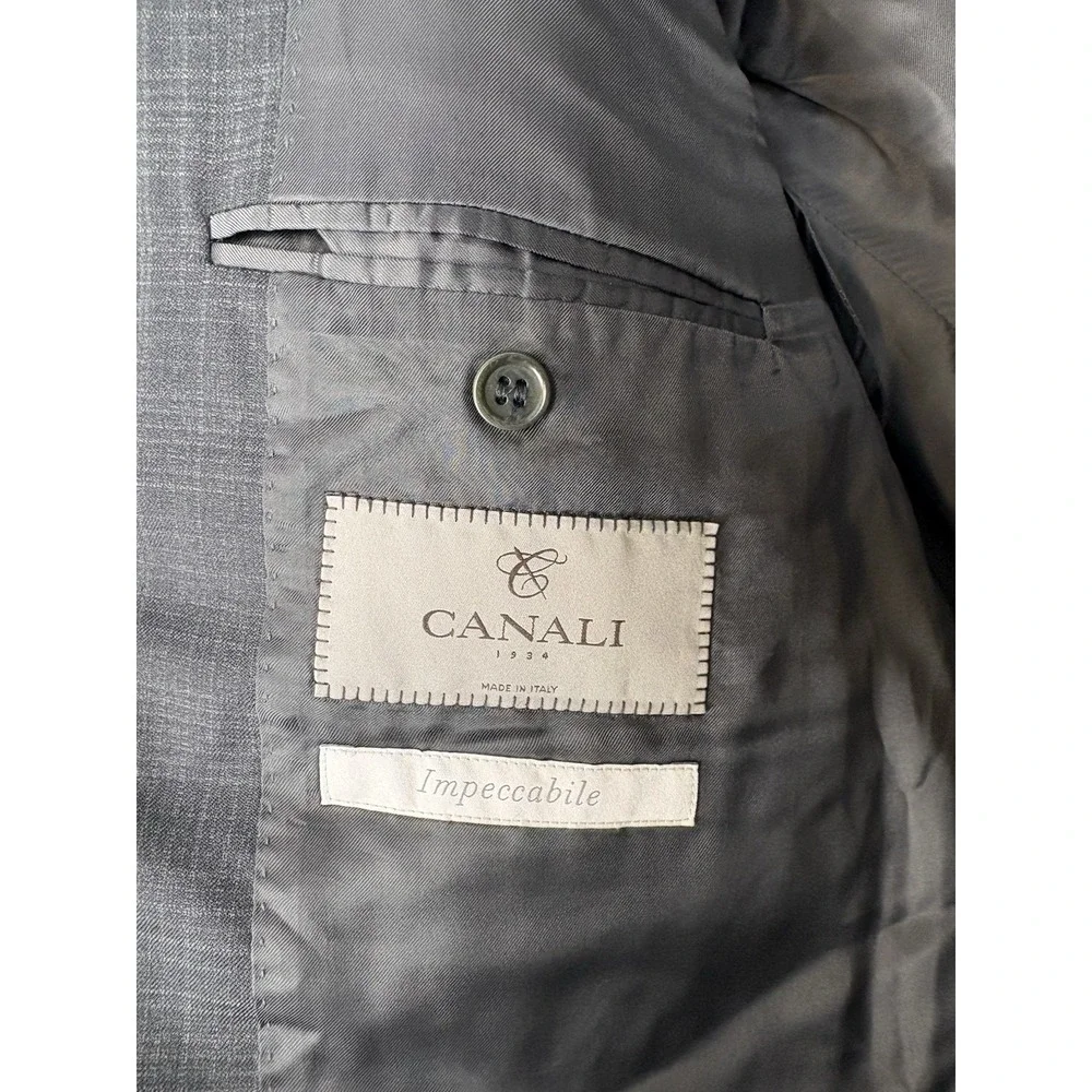 Canali Impeccabile Blazer US‎ 44L 100% Wool Gray Plaid Italy Sport Coat